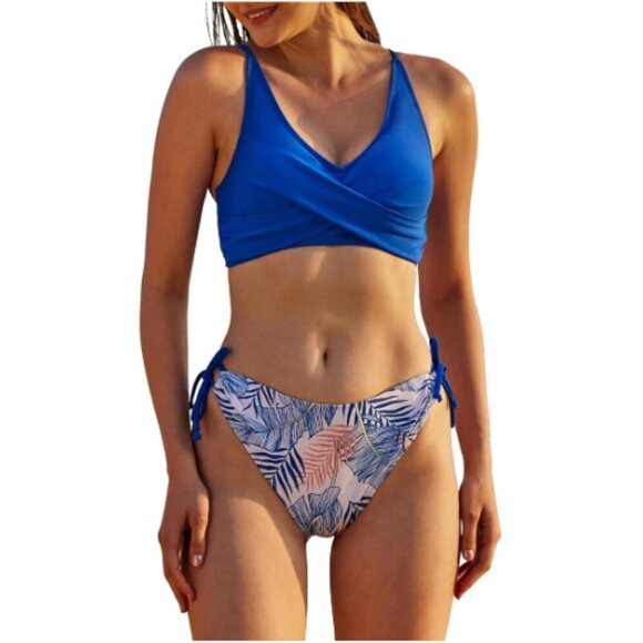 Jollkichay High Waisted Side Tie Bikini Twisted Front Top Blue Floral Medium NW - Picture 2 of 10